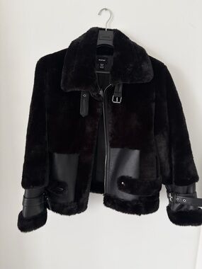 RD Style Black Faux Fur Teddy Jacket with Leather-Look Trim